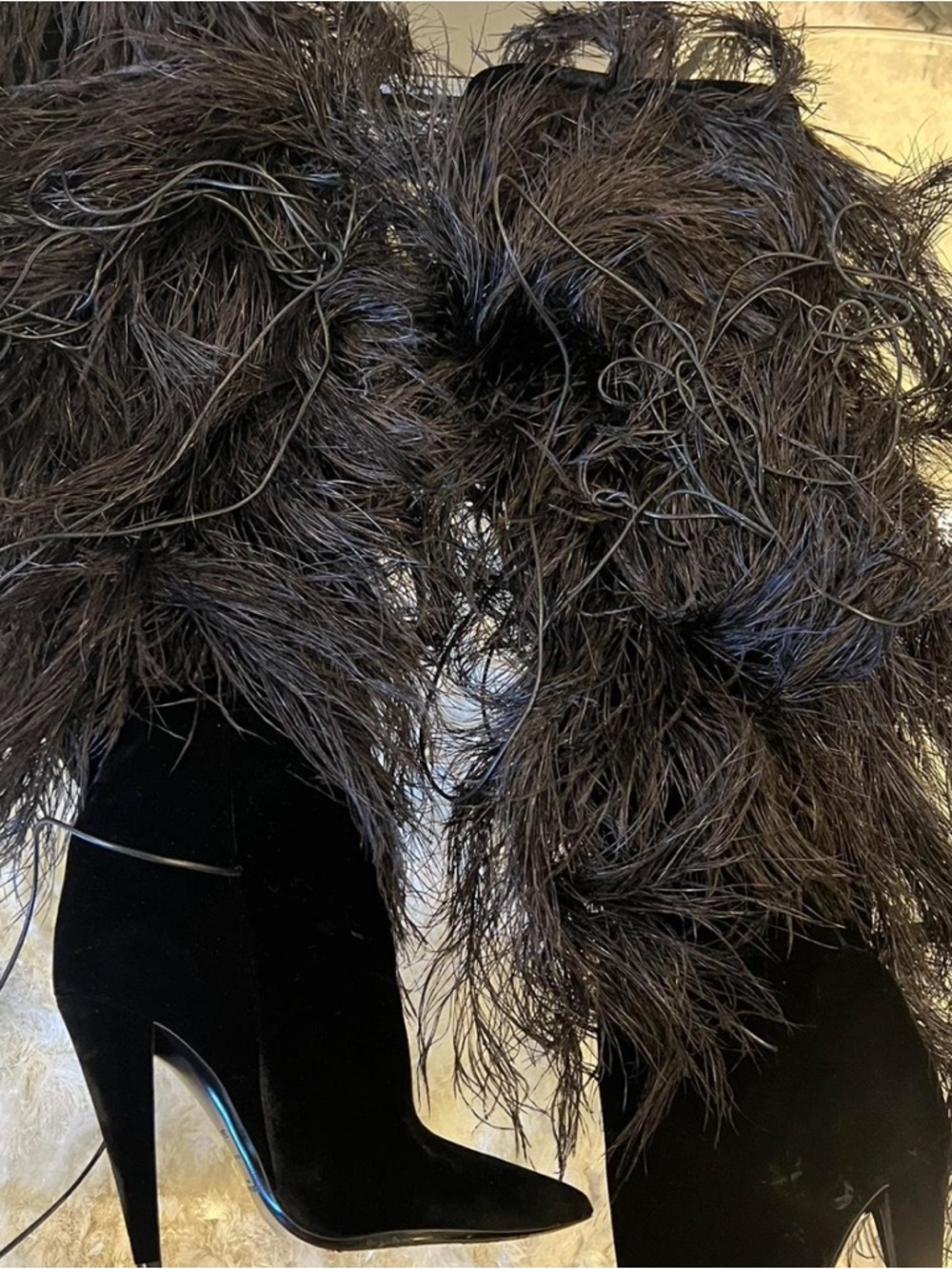Saint Laurent Black Feather-Trim Velvet Knee Boots - Picture 2 of 5